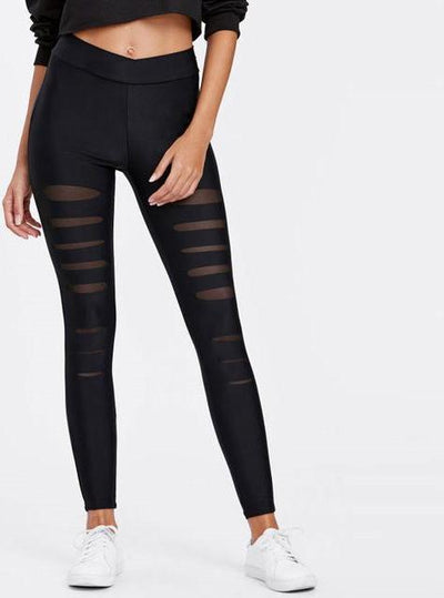 Women Mesh Insert Ripped Leggings